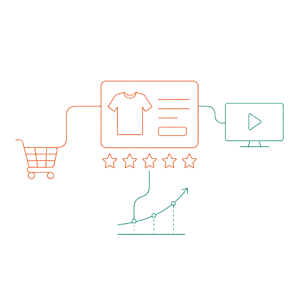 Line-art illustration of an ecommerce product card connected to a cart, a streaming TV, and a performance curve
