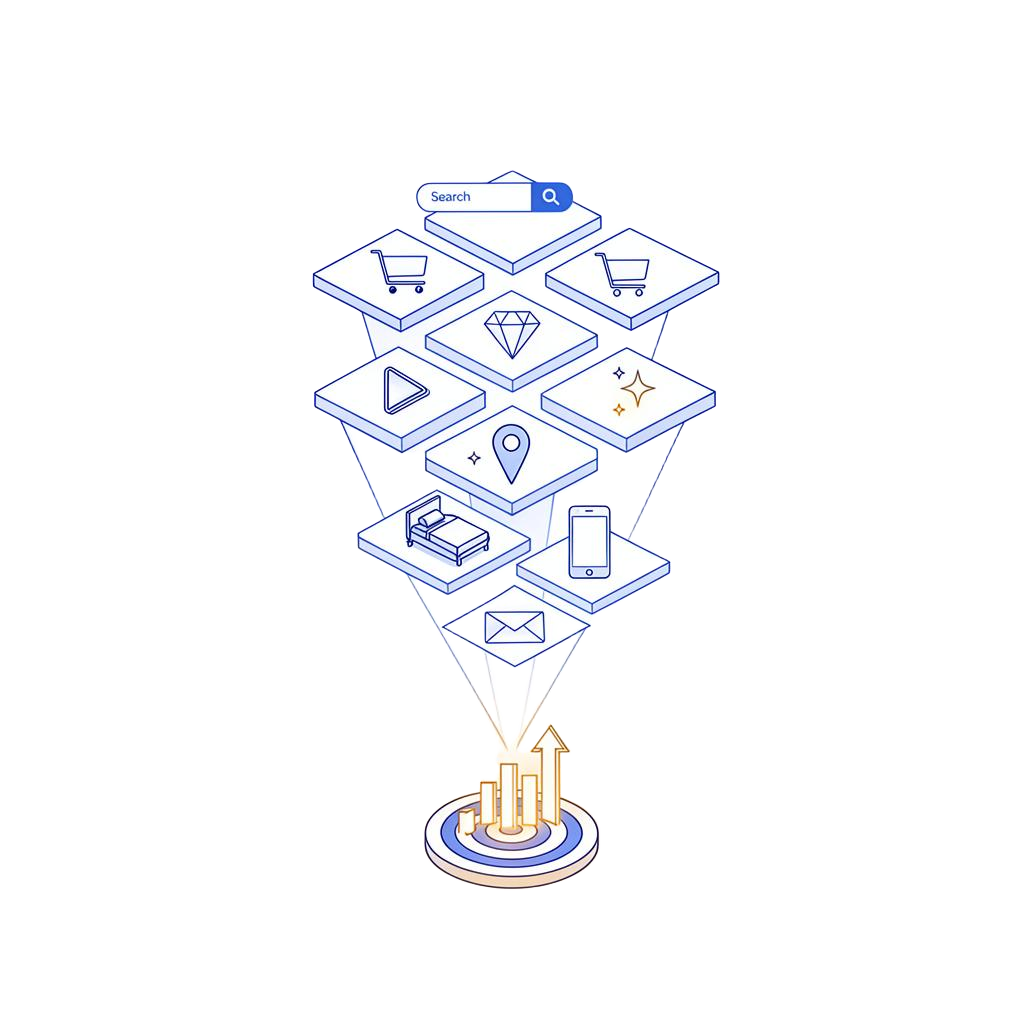 Illustration of Google Ads campaign types flowing into a single performance target