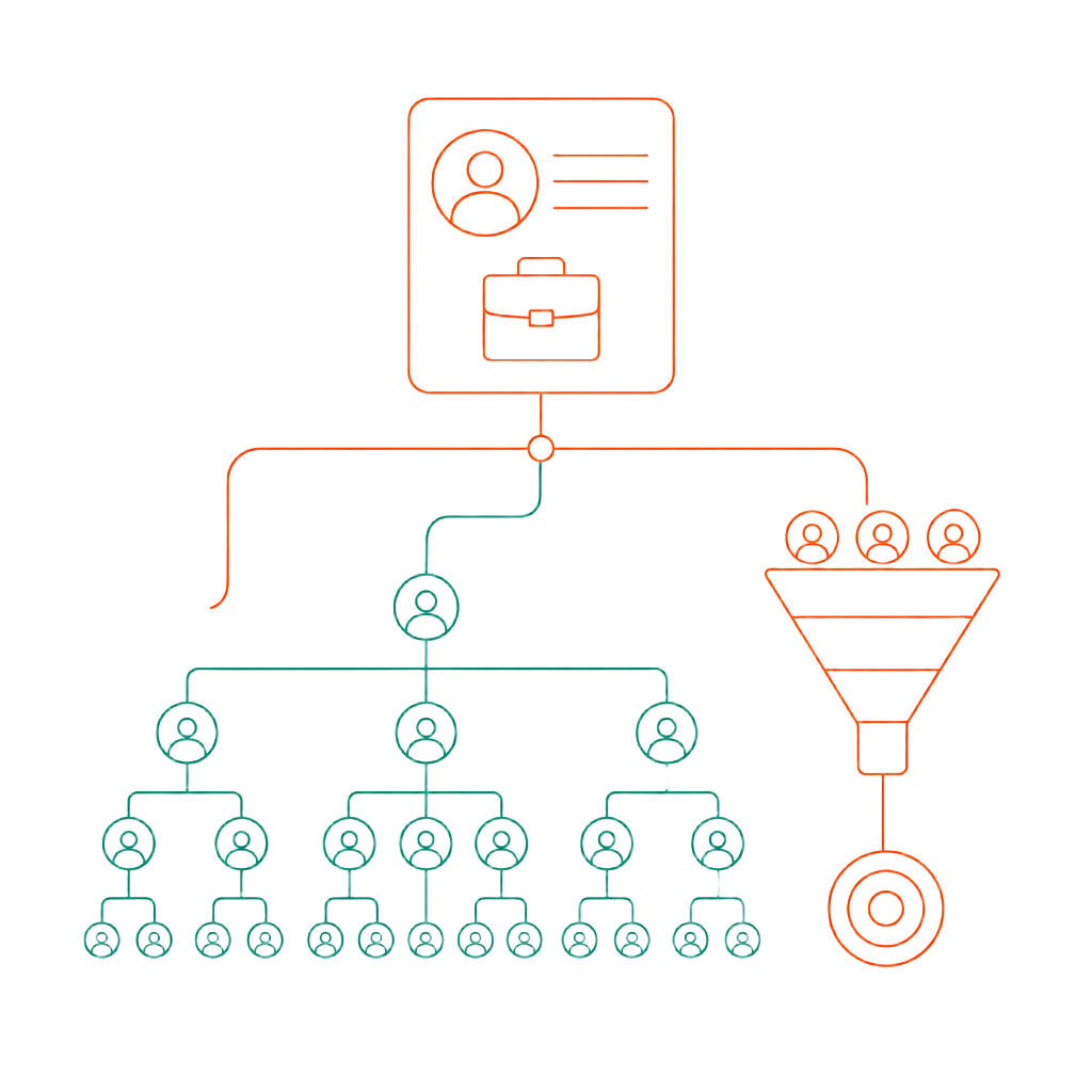 Line-art illustration of a profile card connected to a role org-chart and a B2B funnel