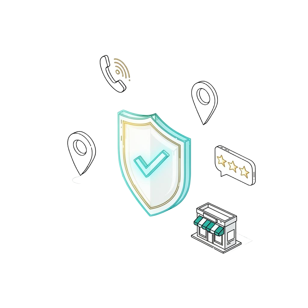 Illustration of a Google Guaranteed trust shield surrounded by phone, map pin, reviews, and storefront