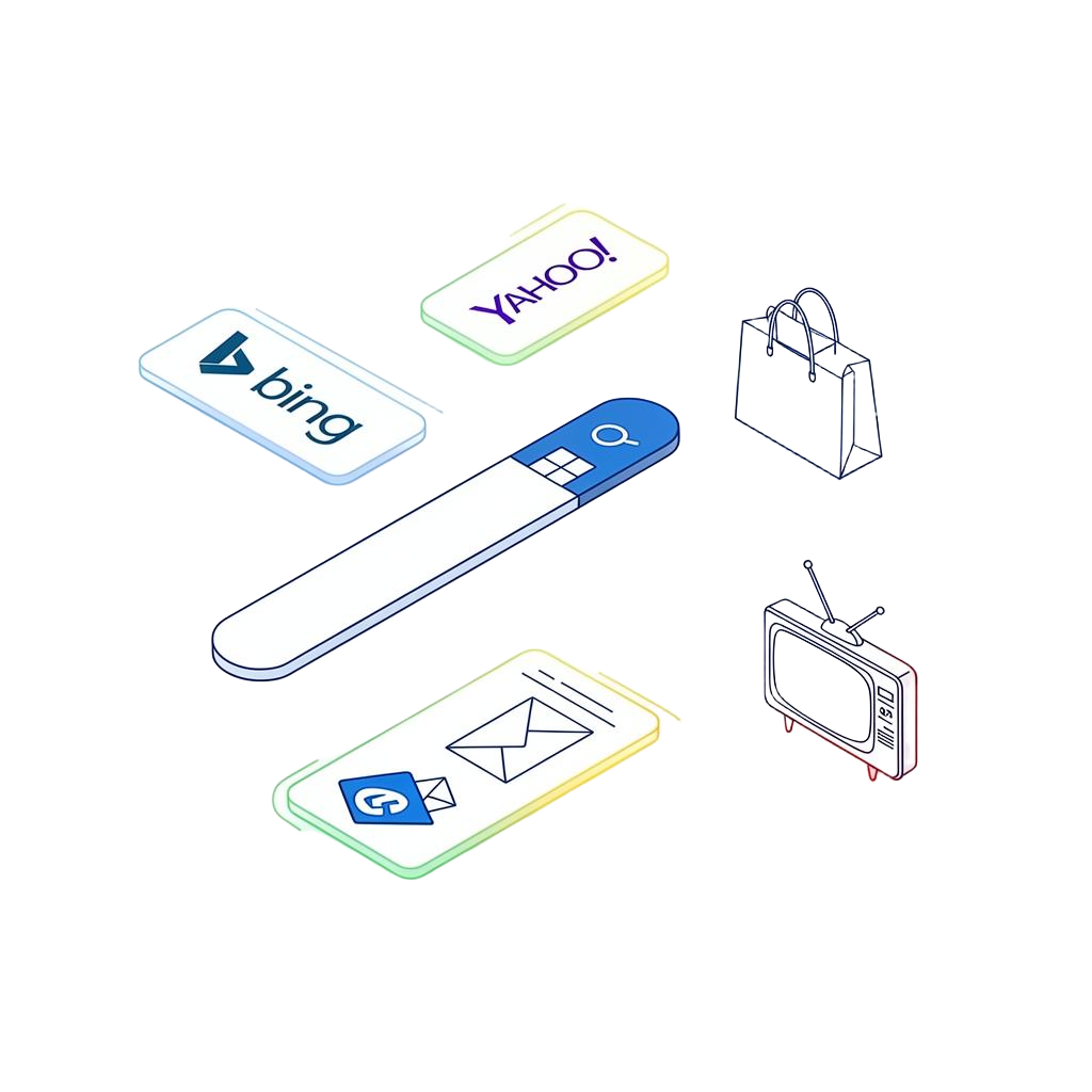 Illustration of a search bar surrounded by Bing, Yahoo, shopping, LinkedIn profile, Outlook, and TV tiles