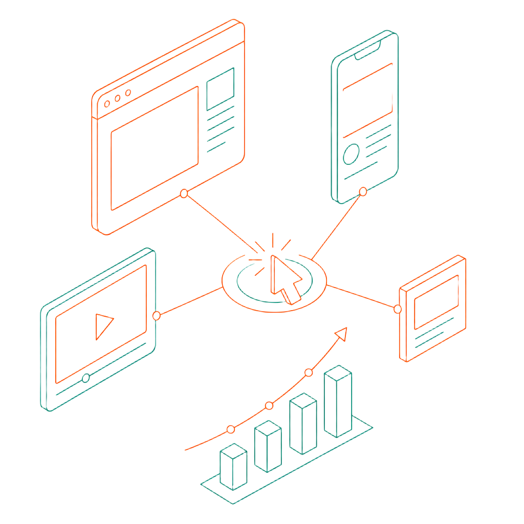 Line-art illustration of four ad placements connected to a central click point with a performance curve