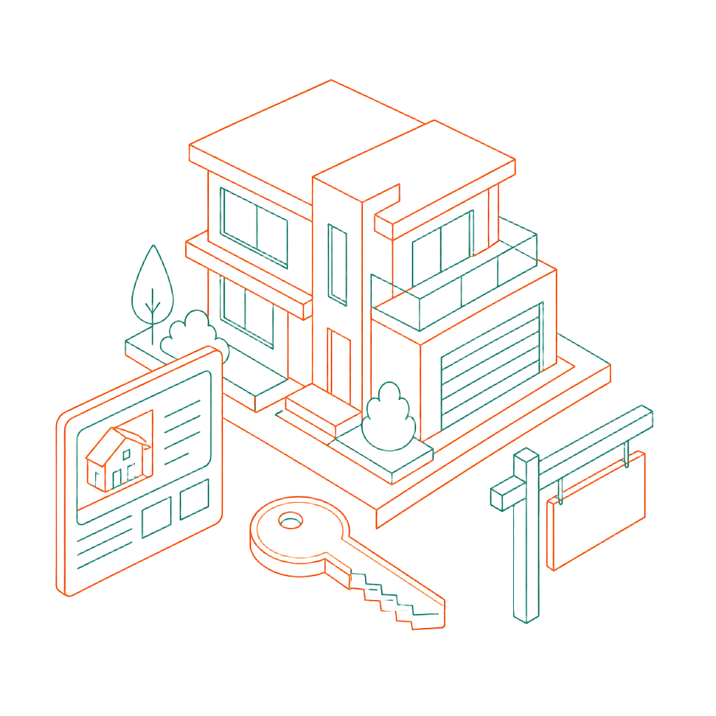 Line-art illustration of a modern house with a key, listing card, and for-sale sign