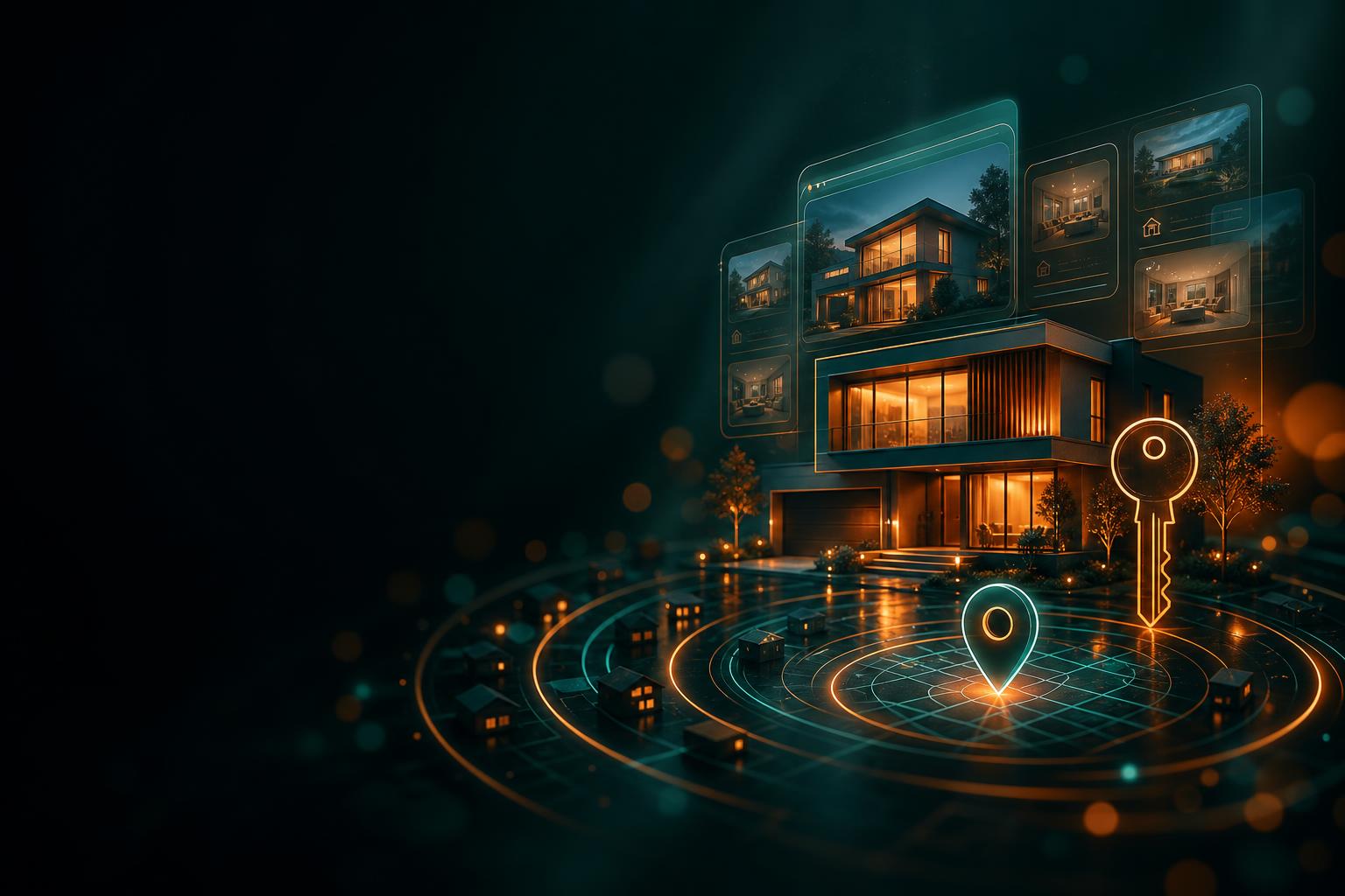 Suburban neighborhood with location pins illustrating real estate SEO