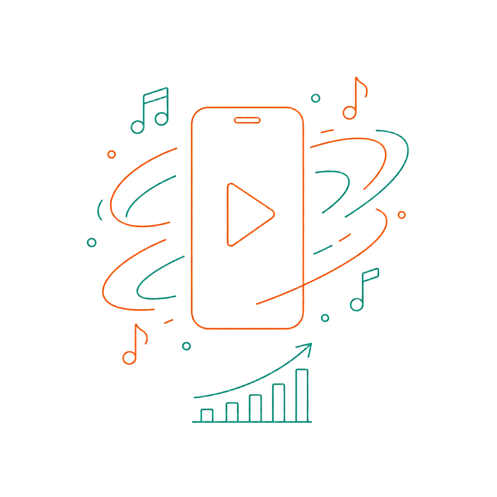 Line-art illustration of a vertical video phone with motion trails and a performance curve