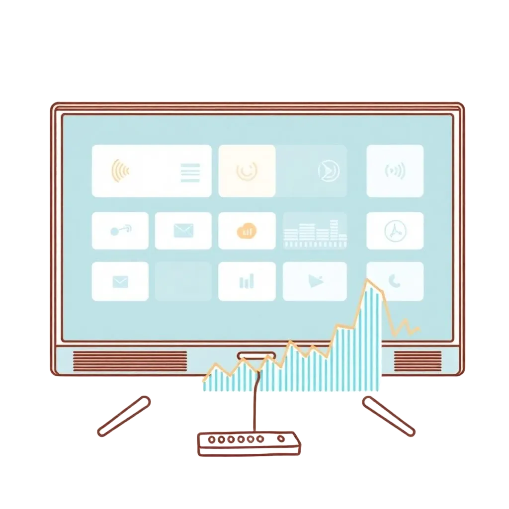 Line-art illustration of a smart TV with streaming tiles and a rising performance chart