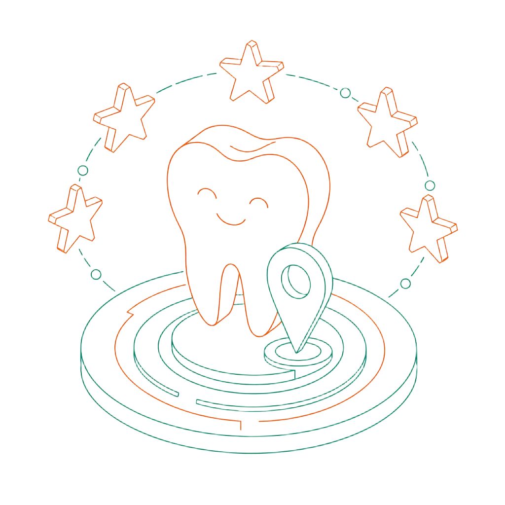 Line-art illustration of a tooth with a map pin and review stars representing local dental SEO