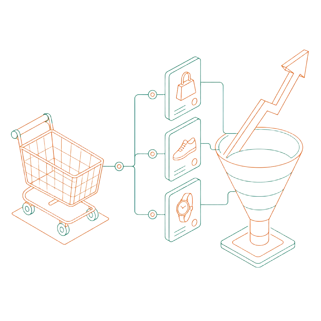 Line-art illustration of a shopping cart connected to product cards and a conversion funnel