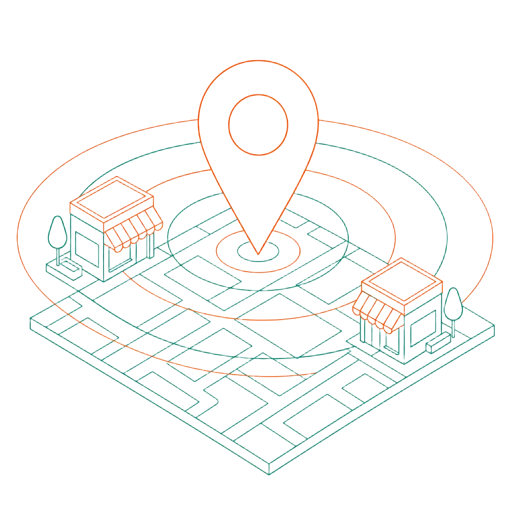 Line-art illustration of a map pin over a city street grid with concentric service rings