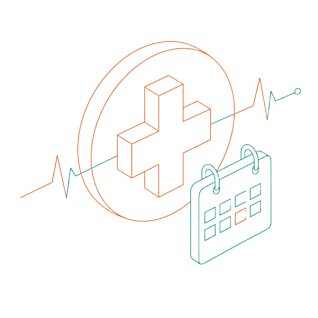 Line-art illustration of a medical cross with a heartbeat line and an appointment calendar