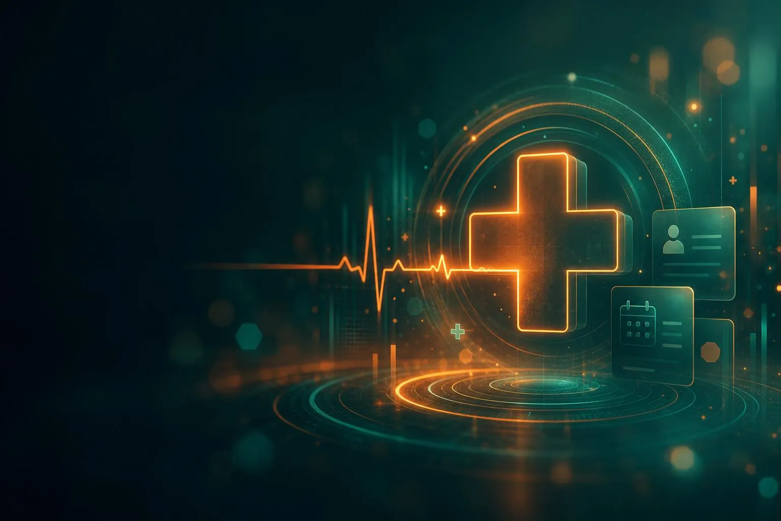 Stethoscope wrapped around a glowing medical cross with heartbeat line