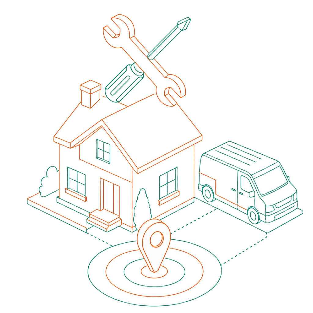 Line-art illustration of a house with crossed tools and a service van over a map pin