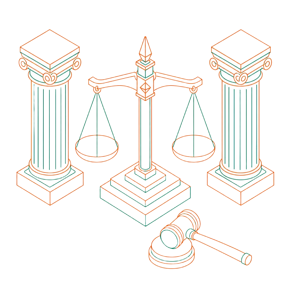 Line-art illustration of scales of justice flanked by classical columns and a gavel