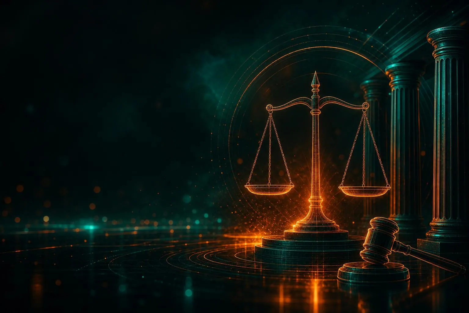 Elegant law office desk with scales of justice and gavel