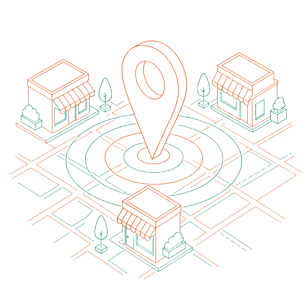 Line-art illustration of a map pin on a neighborhood grid surrounded by small storefronts