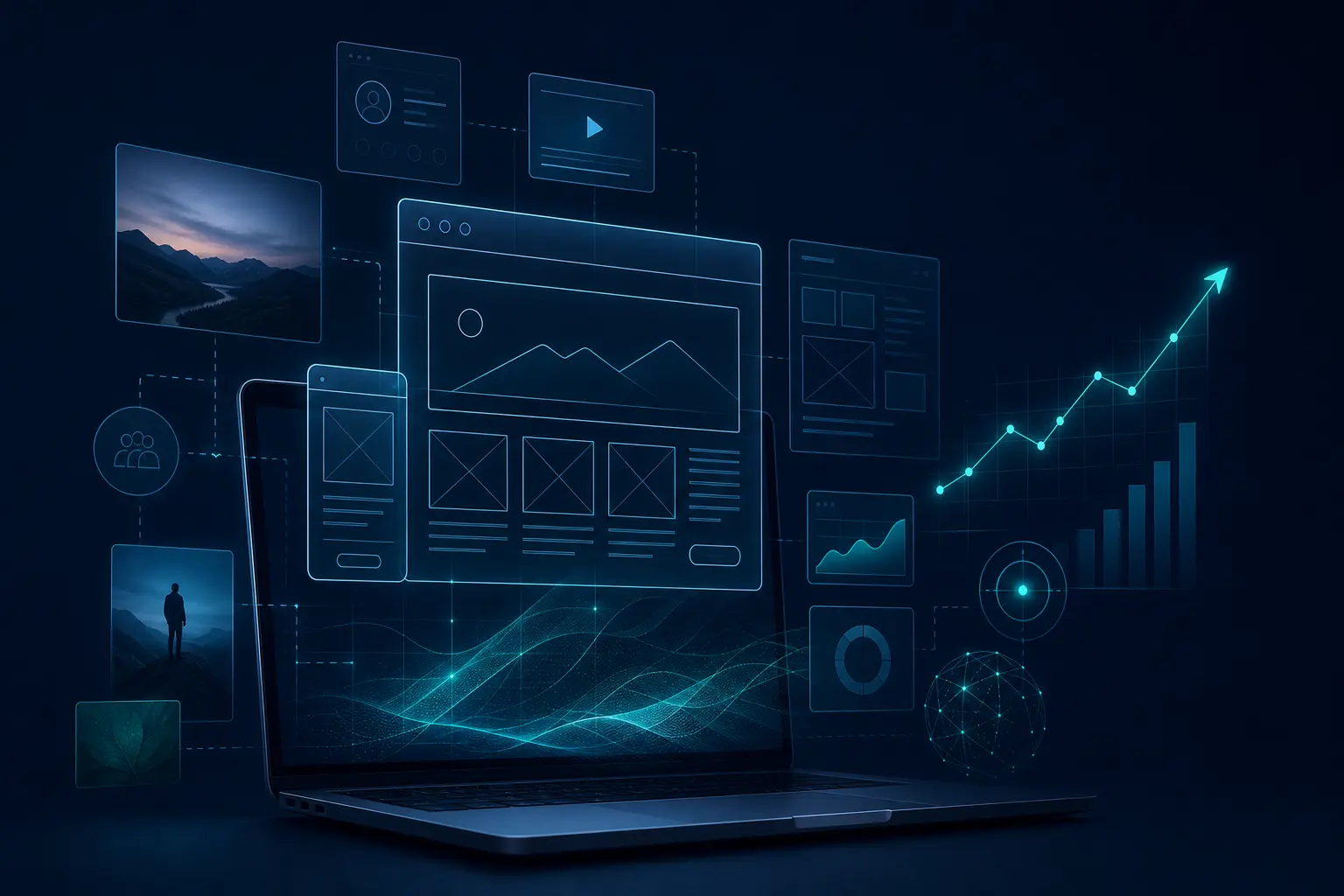 Custom website development and microsite design showing wireframe layouts, brand architecture planning, and search engine optimization strategy for reputation management