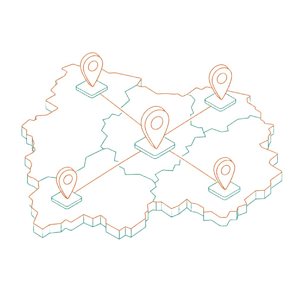 Line-art illustration of multiple map pins connected across a regional map outline