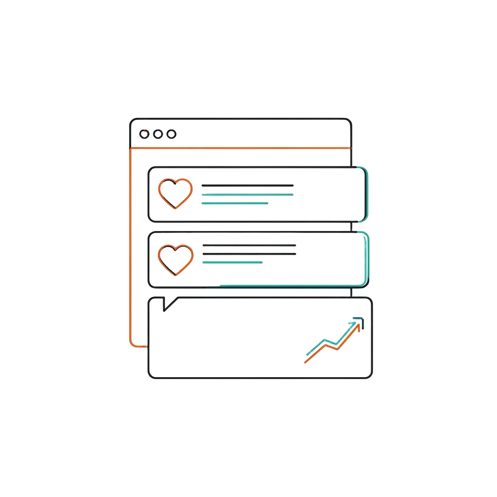 Line-art illustration of stacked social feed cards with engagement and a performance curve