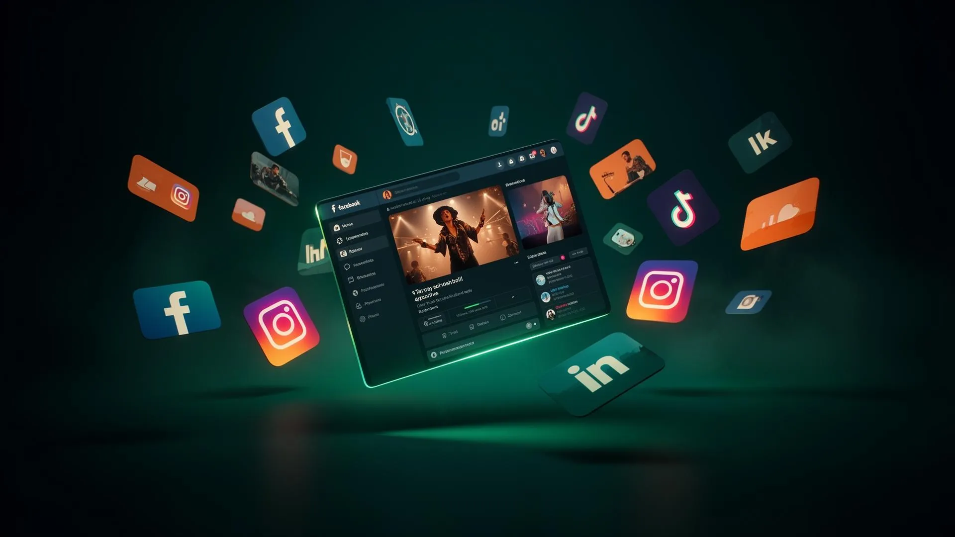 Floating social feed cards orbiting a central performance dashboard
