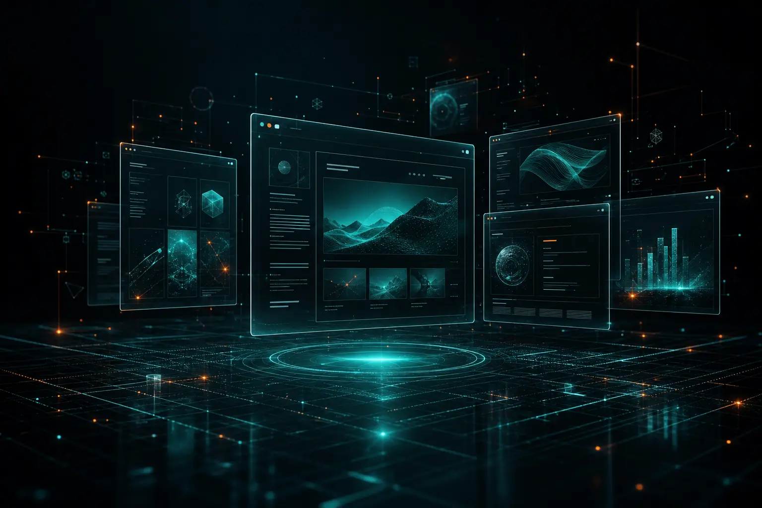 Abstract digital illustration — floating website wireframes, glowing grid, data nodes representing a portfolio of web design work