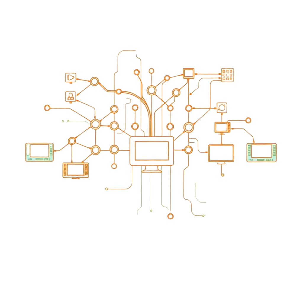 Line-art illustration of an interconnected programmatic node network feeding display, video, audio, and CTV ad slots