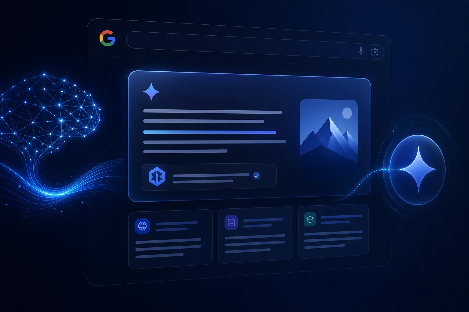 Line-art illustration of Google AI Overview appearing in search results with brand citations and optimized content structure
