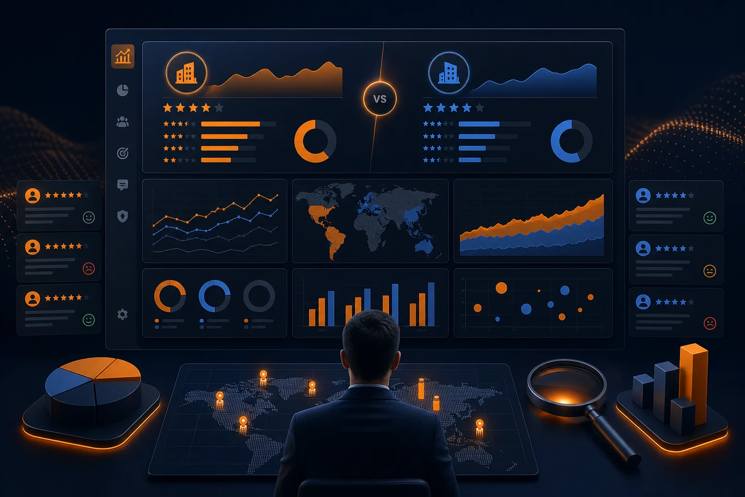 Line-art illustration of competitor monitoring radar scanning competitor reviews, ratings, and search visibility data