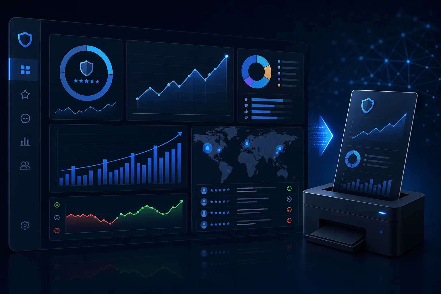 Line-art illustration of automated reputation reporting with executive dashboards, trend analysis, and multi-stakeholder distribution