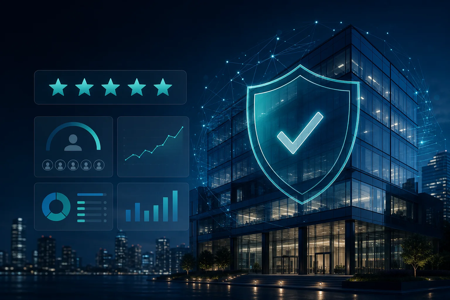 Business reputation management dashboard showing review metrics and search performance for a growing company