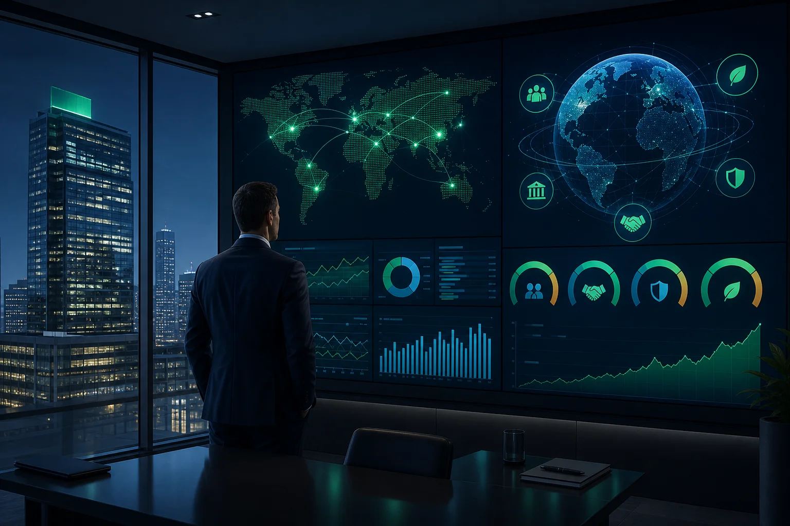 Enterprise corporate headquarters with reputation management dashboards monitoring multi-stakeholder brand perception