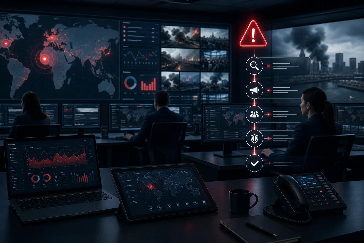 Crisis communication command center with media monitoring dashboards and strategic response planning
