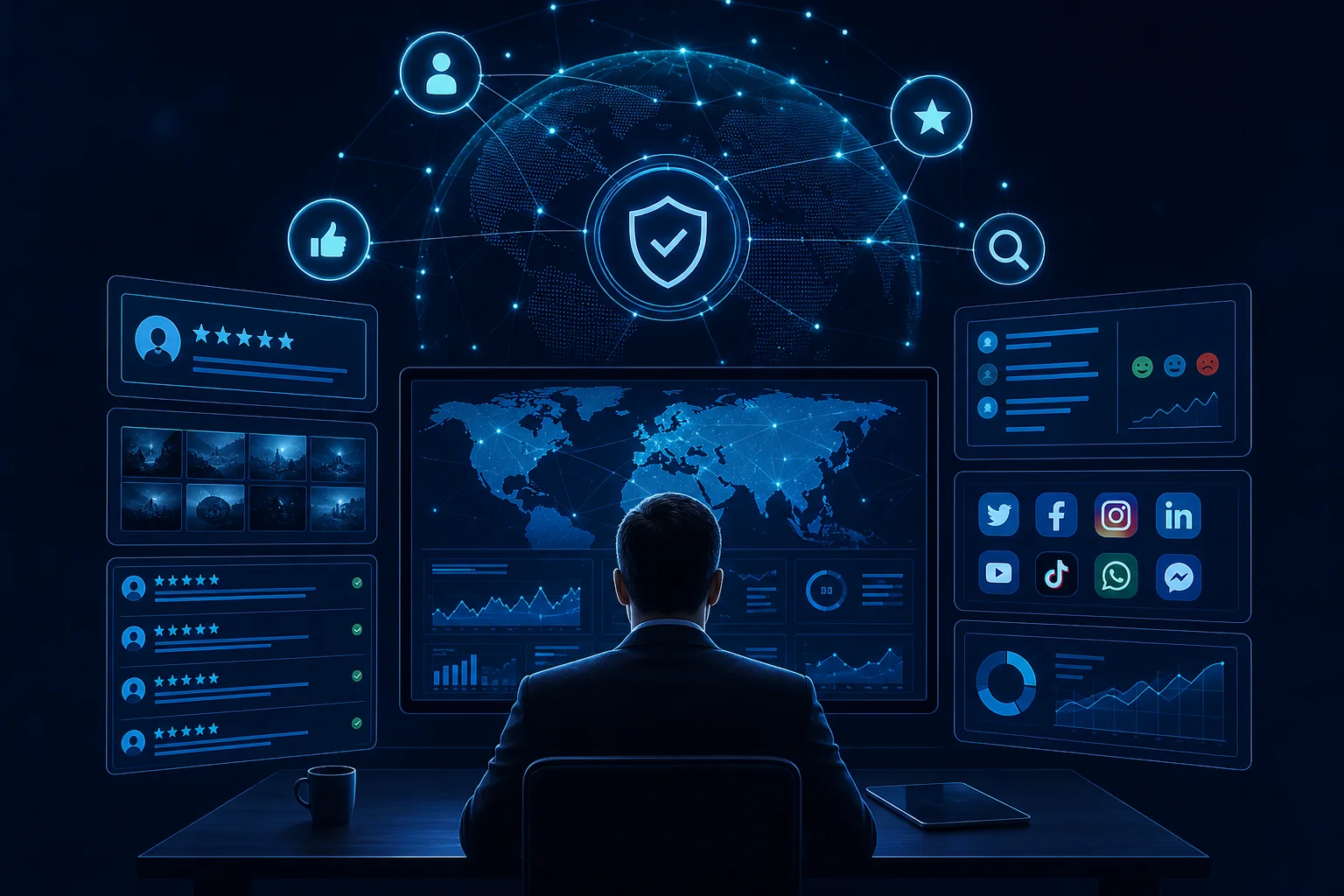 Comprehensive online reputation management dashboard monitoring search engines, reviews, and social media platforms