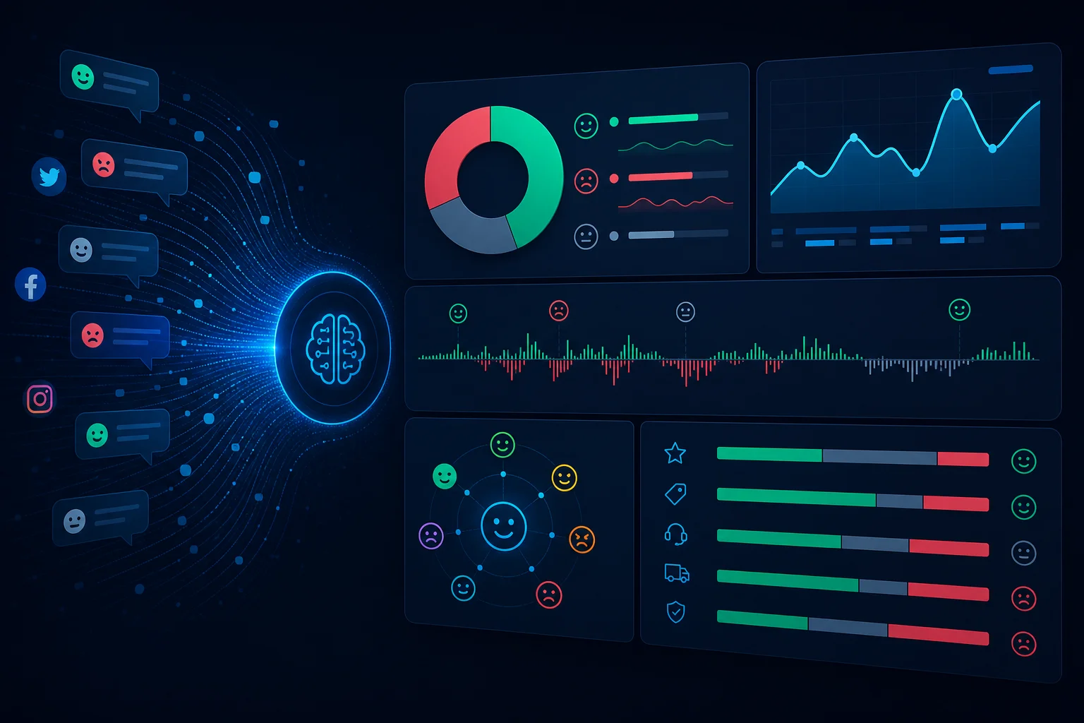 NLP-powered sentiment analysis dashboard showing customer sentiment trends and aspect-based breakdowns