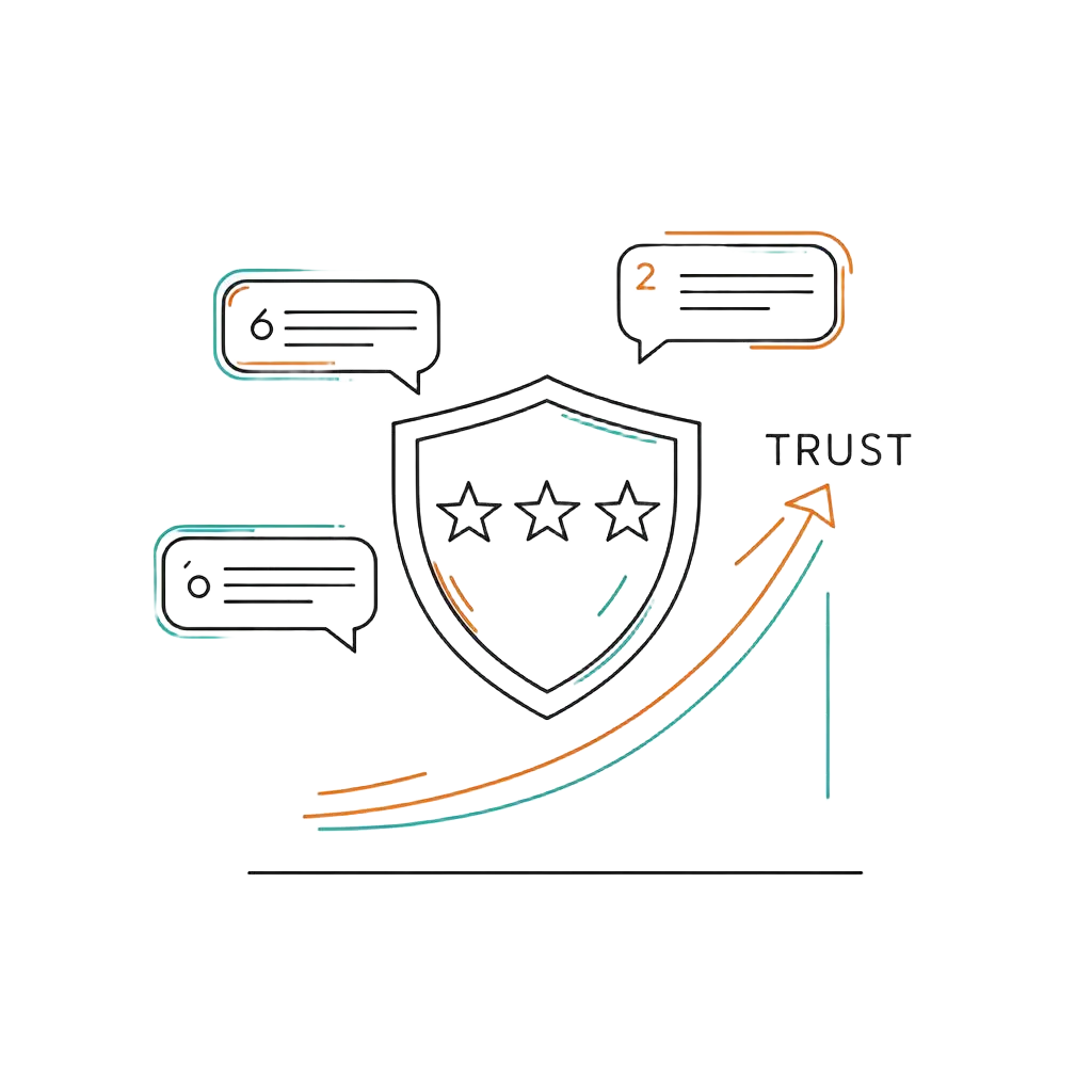 Line-art illustration of a shield with stars, review bubbles, and a rising trust curve