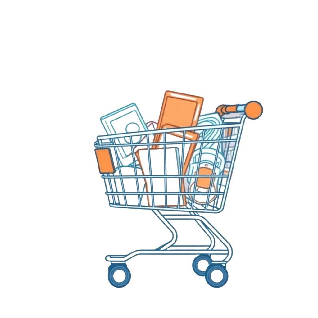 Line-art illustration of a shopping cart filled with product tiles and a price graph
