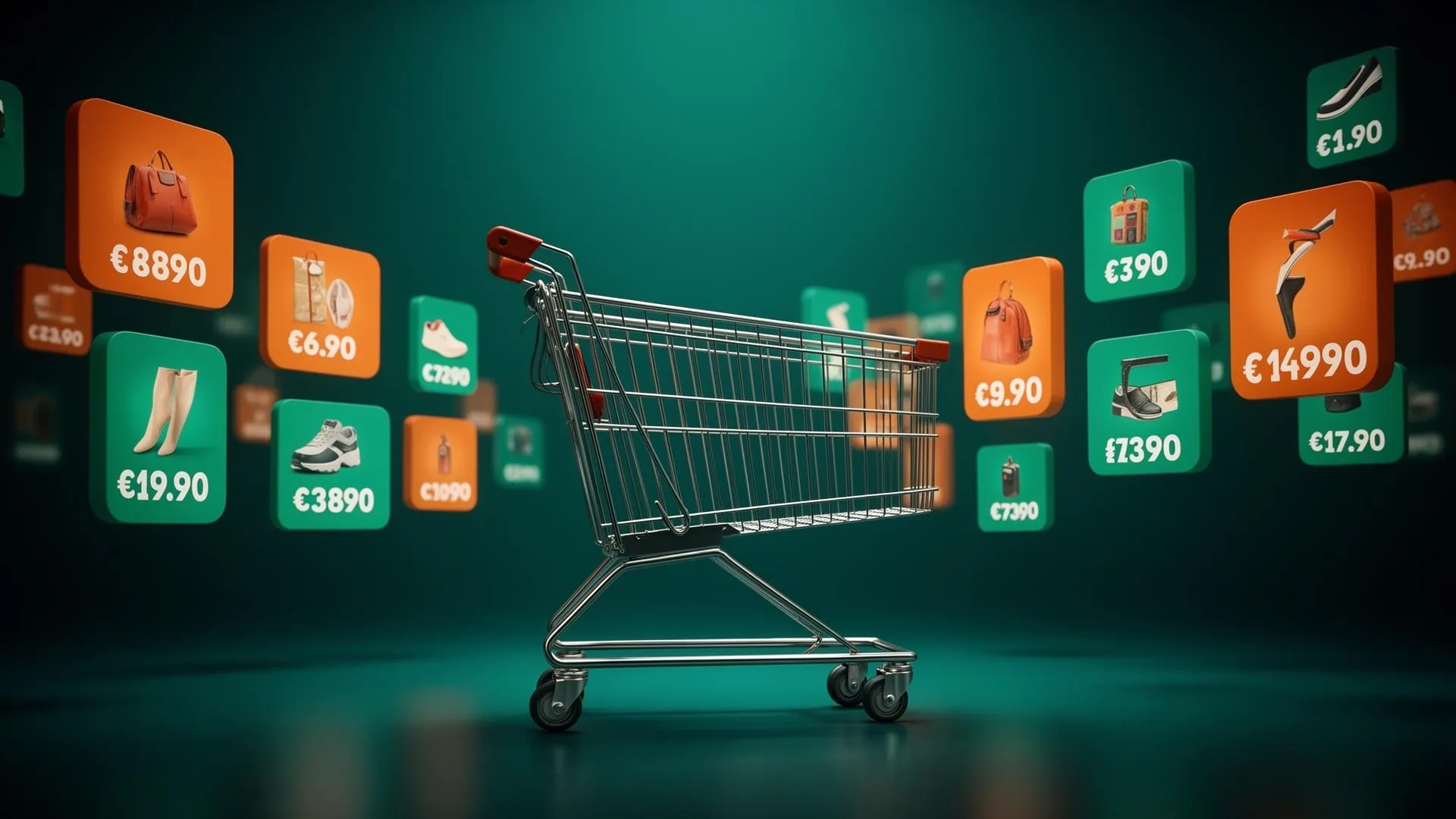 Stylized shopping cart with floating product tiles and price tags