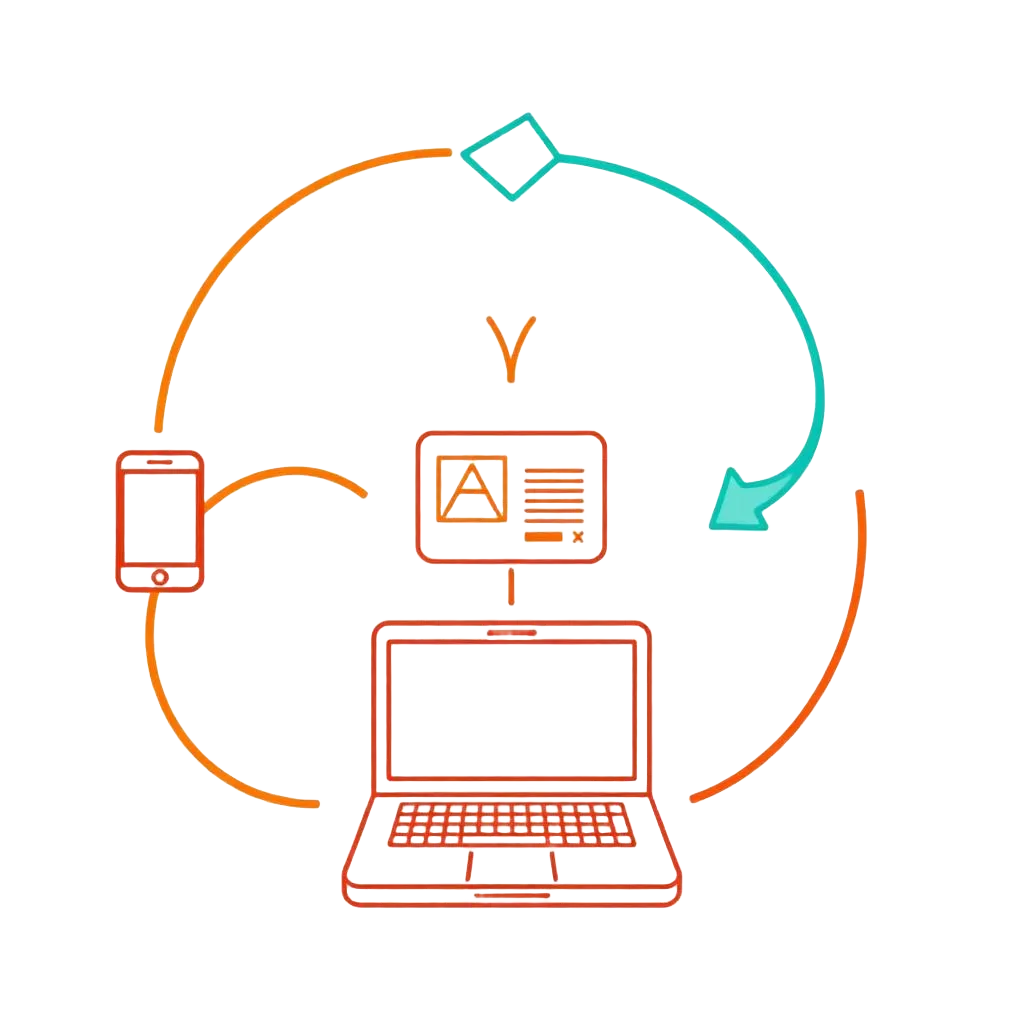Line-art illustration of curved arrows looping back from phone and laptop to a product card
