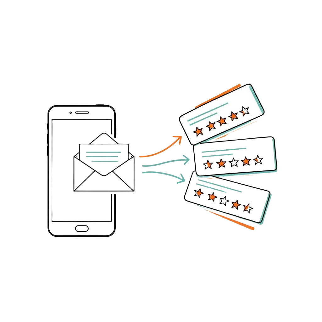 Line-art illustration of a phone sending review requests that return 5-star cards