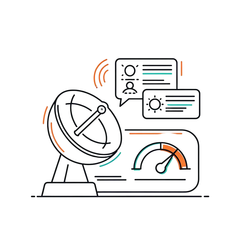 Line-art illustration of a radar dish scanning review cards with a sentiment dial