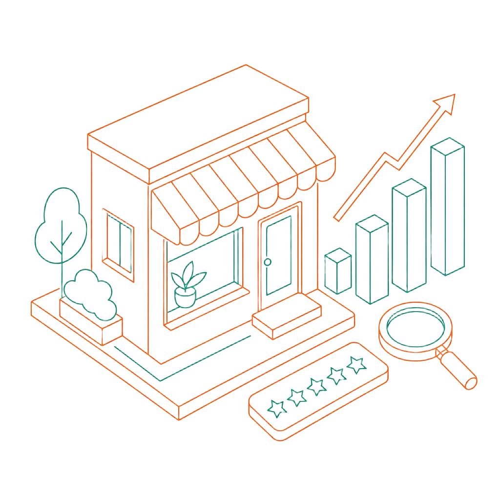 Line-art illustration of a small storefront with growth bars and a five-star review badge