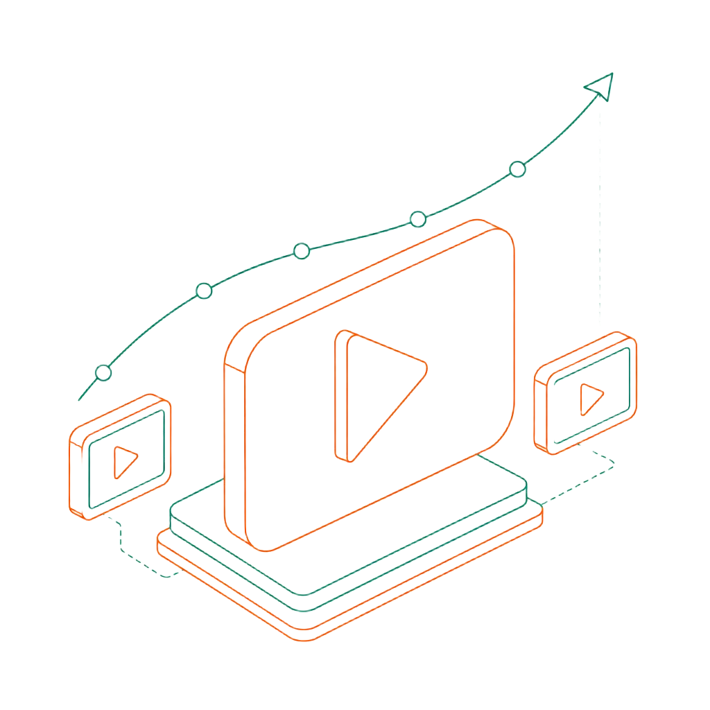 Line-art illustration of a video player with thumbnail cards and a rising viewership curve